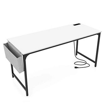 Costway 60" Modern Computer Desk with Charging Station with Storage Bag & Headphone Hook