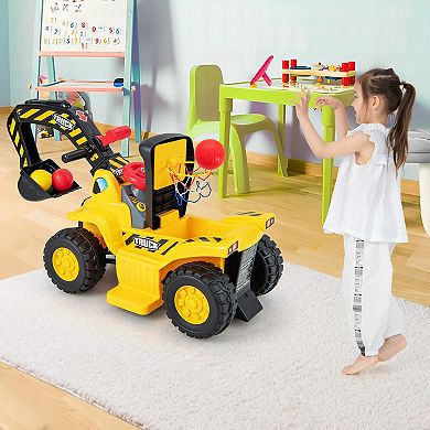 Costway 6V Electric Kids Ride On Excavator Pretend Play Toy Tractor w/ Basketball Hoop