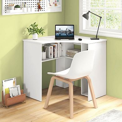 Costway L-Shaped Computer Desk with Storage Shelves Adjustable Shelf for Home Office White