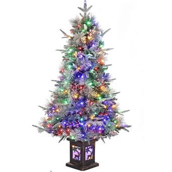 4.5ft Pre-Lit Christmas Tree with 150 Two-Color Lights & Snow Berries,8 Light-Modes,Elk Base