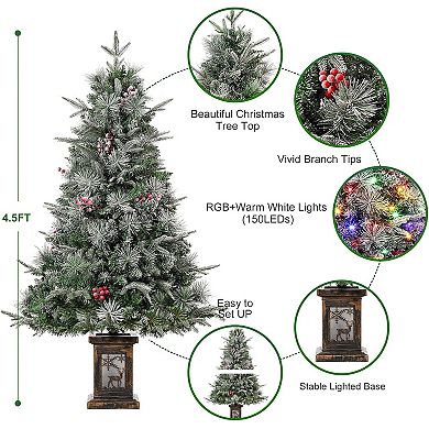 4.5ft Pre-Lit Christmas Tree with 150 Two-Color Lights & Snow Berries,8 Light-Modes,Elk Base