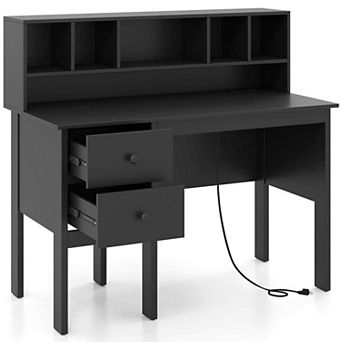 Costway 48" Computer Desk with Power Outlets Type-C 5-Cubby Hutch 2 Storage Drawers Black