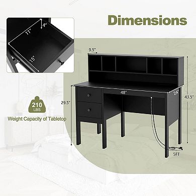 Costway 48" Computer Desk with Power Outlets Type-C 5-Cubby Hutch 2 Storage Drawers Black