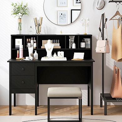 Costway 48" Computer Desk with Power Outlets Type-C 5-Cubby Hutch 2 Storage Drawers Black