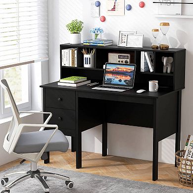 Costway 48" Computer Desk with Power Outlets Type-C 5-Cubby Hutch 2 Storage Drawers Black