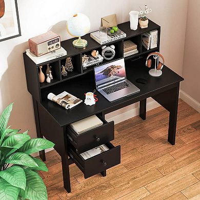Costway 48" Computer Desk with Power Outlets Type-C 5-Cubby Hutch 2 Storage Drawers Black