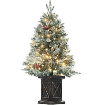 3ft Pre-Lit Artificial Christmas Tree with Vintage Potted Base,70 Warm White LED Lights,Red Berries