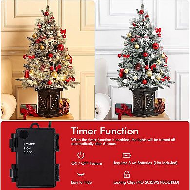 3ft Pre-Lit Artificial Christmas Tree with Vintage Potted Base,70 Warm White LED Lights,Red Berries