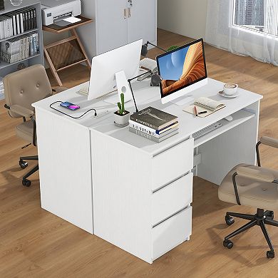 Costway Computer Desk with Built-in Charging Station USB Type-C Ports Keyboard Tray 3 Drawers