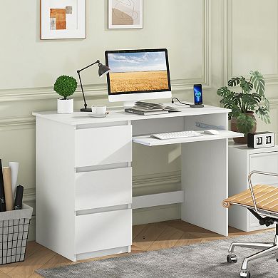 Costway Computer Desk with Built-in Charging Station USB Type-C Ports Keyboard Tray 3 Drawers