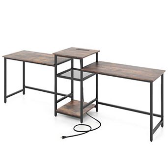 Costway 97 Inch Two Person Desk Double Computer Desk with Power Outlets Printer Stand