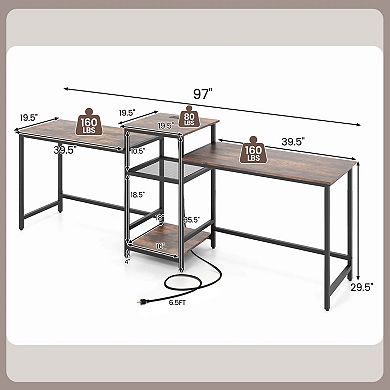 Costway 97 Inch Two Person Desk Double Computer Desk with Power Outlets Printer Stand
