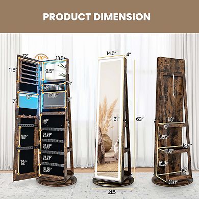 Costway 360° Swivel Jewelry Cabinet Organizer 3-Color LED Mirror with Built-in Lights