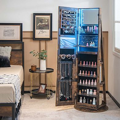 Costway 360° Swivel Jewelry Cabinet Organizer 3-Color LED Mirror with Built-in Lights