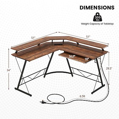 Costway L-shaped Computer Desk with Power Outlet 51" Corner Computer Workstation