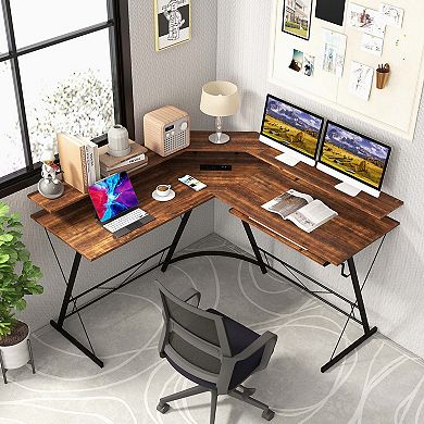 Costway L-shaped Computer Desk with Power Outlet 51" Corner Computer Workstation