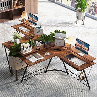 Costway L-shaped Computer Desk with Power Outlet 51" Corner Computer Workstation