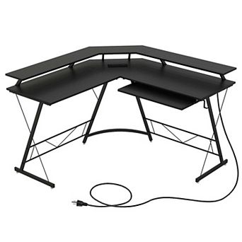 Costway L-shaped Computer Desk with Power Outlet 51" Corner Computer Workstation