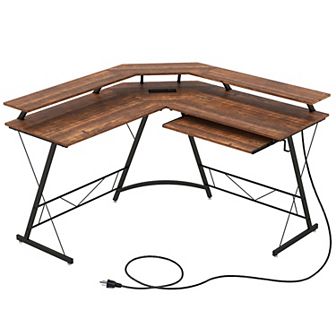 Costway L-shaped Computer Desk with Power Outlet 51" Corner Computer Workstation