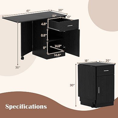Costway Folding Computer Desk with Drawer Cabinet & Adjustable Shelf Wheel for Living Room