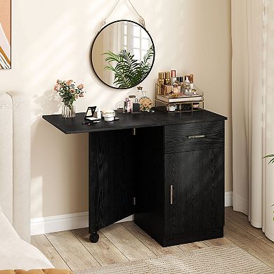Costway Folding Computer Desk with Drawer Cabinet & Adjustable Shelf Wheel for Living Room
