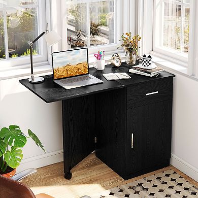 Costway Folding Computer Desk with Drawer Cabinet & Adjustable Shelf Wheel for Living Room
