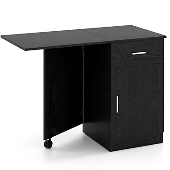 Costway Folding Computer Desk with Drawer Cabinet & Adjustable Shelf Wheel for Living Room