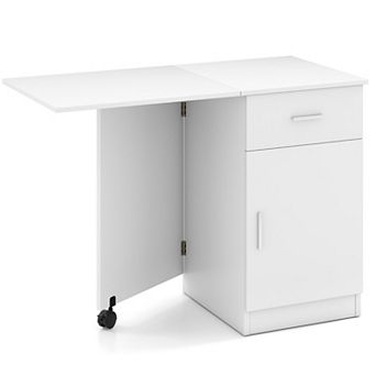 Costway Folding Computer Desk with Drawer Cabinet & Adjustable Shelf Wheel for Living Room