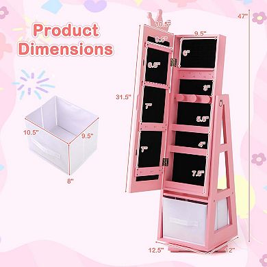 Costway Kids Jewelry Cabinet with Full-Length Mirror Foldable Drawer Anti-toppling System