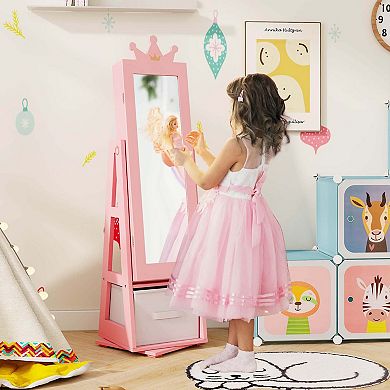 Costway Kids Jewelry Cabinet with Full-Length Mirror Foldable Drawer Anti-toppling System