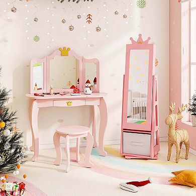 Costway Kids Jewelry Cabinet with Full-Length Mirror Foldable Drawer Anti-toppling System