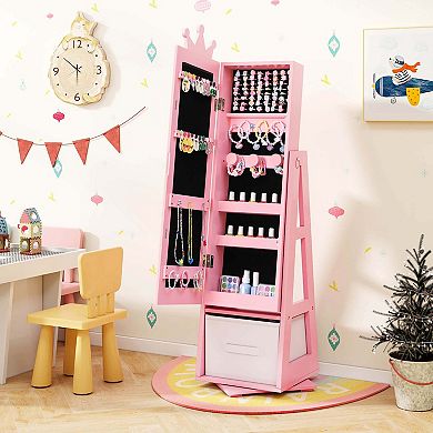 Costway Kids Jewelry Cabinet with Full-Length Mirror Foldable Drawer Anti-toppling System