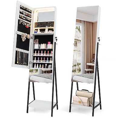 Costway Jewelry Cabinet Armoire Full-Length Mirror with 3-Color LED Lights & Drawer