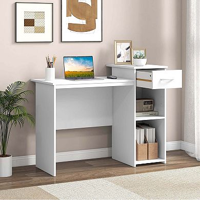 Costway Computer Desk with Drawer Modern Laptop PC Desk with Adjustable Shelf Cable Hole