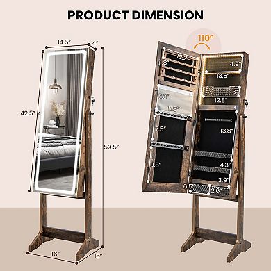 Costway LED Mirror Jewelry Cabinet Organizer Armoire Standing with Built-in 3 Color Light