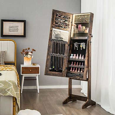 Costway LED Mirror Jewelry Cabinet Organizer Armoire Standing with Built-in 3 Color Light