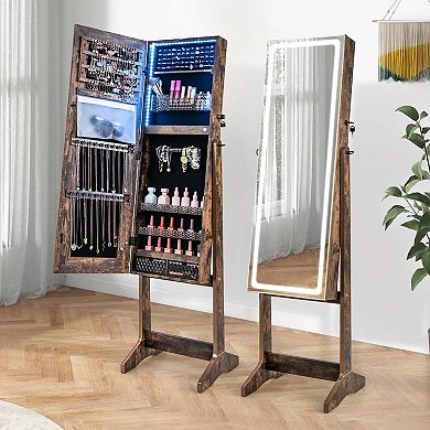Costway LED Mirror Jewelry Cabinet Organizer Armoire Standing with Built-in 3 Color Light