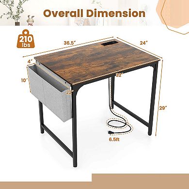 Costway 32" Computer Desk Small with Charging Station Storage Bag Headphone Hook