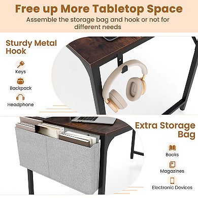 Costway 32" Computer Desk Small with Charging Station Storage Bag Headphone Hook