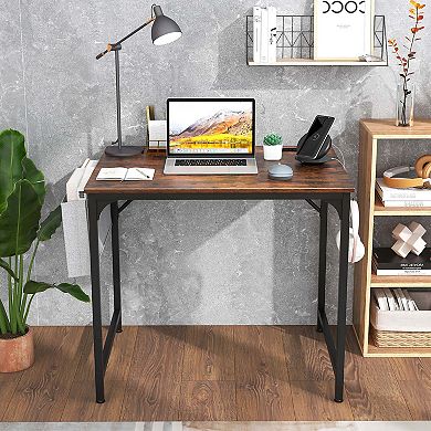 Costway 32" Computer Desk Small with Charging Station Storage Bag Headphone Hook