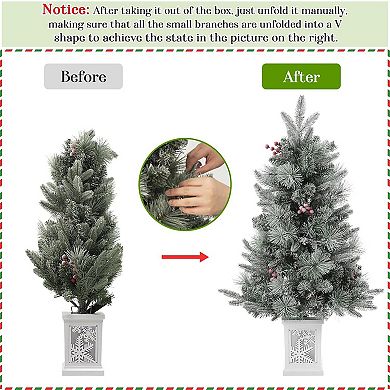 Small Christmas Tree 2PCS, 3FT Artificial Desktop Tree with 78 White Lights & Snowflake Box Base