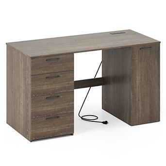 Costway 53" Computer Desk with Power Outlets Large Executive Desk with 4 Storage Drawers Gray