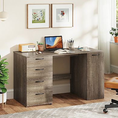 Costway 53" Computer Desk with Power Outlets Large Executive Desk with 4 Storage Drawers Gray