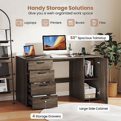 Costway 53" Computer Desk with Power Outlets Large Executive Desk with 4 Storage Drawers Gray