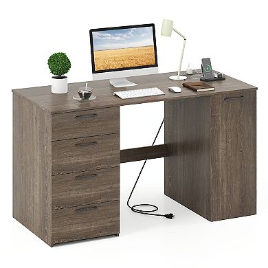 Costway 53" Computer Desk with Power Outlets Large Executive Desk with 4 Storage Drawers Gray