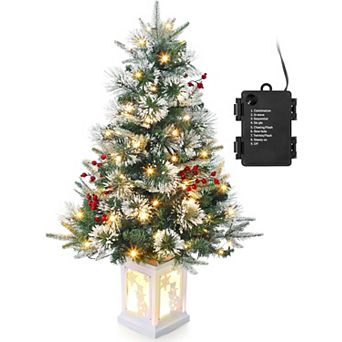 3ft Pre-Lit Artificial Christmas Trees,Snow Flocked Tips, 78 Warm LEDs, 8 Modes,Snowman Box