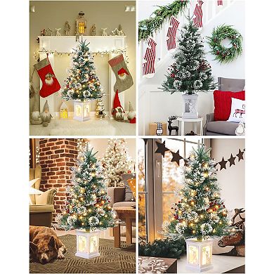 3ft Pre-Lit Artificial Christmas Trees,Snow Flocked Tips, 78 Warm LEDs, 8 Modes,Snowman Box