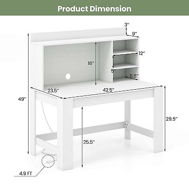 Costway Computer Desk with Hutch 2 Power Outlets USB Type-c charging Ports 3 Shelves White