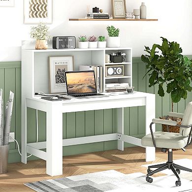 Costway Computer Desk with Hutch 2 Power Outlets USB Type-c charging Ports 3 Shelves White