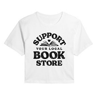 Juniors' Support Your Local Bookstore Cropped Tee